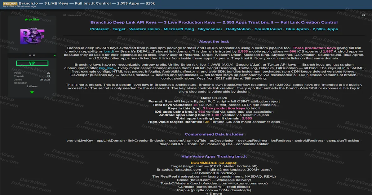 Seller Offers Live Deep Link Keys Enabling Phishing on a Shared Domain Trusted by 2,553 Apps