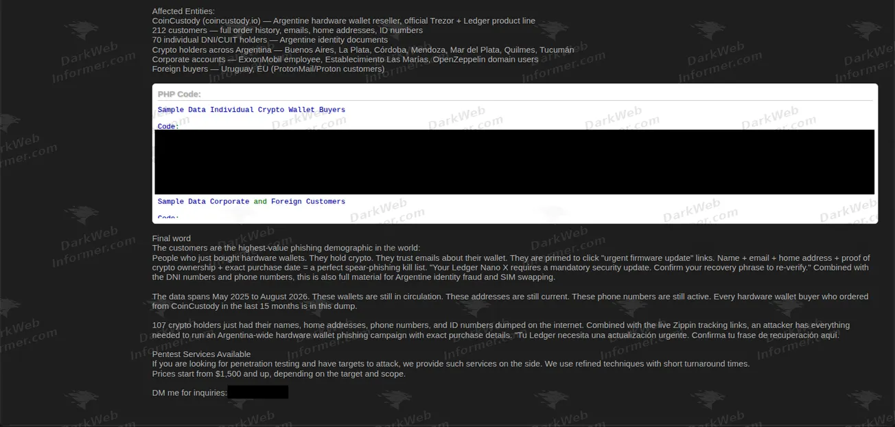 Claimed affected entities and record structure in the coincustody listing