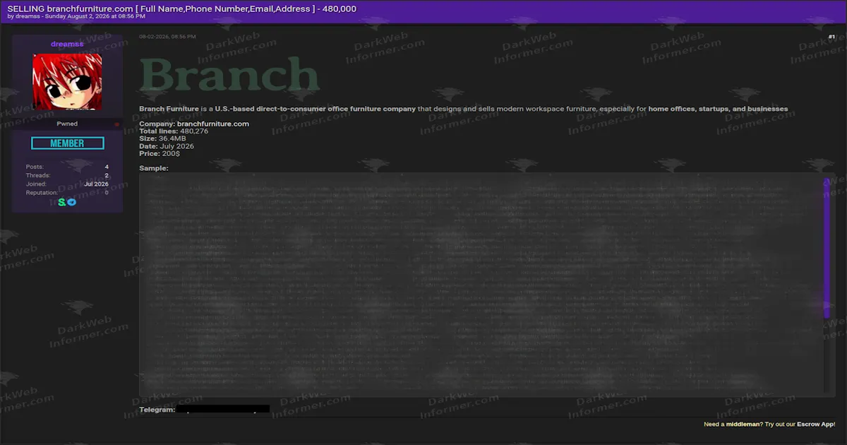 Branch Furniture Customer Database Allegedly for Sale, 480,276 Records Listed at $200