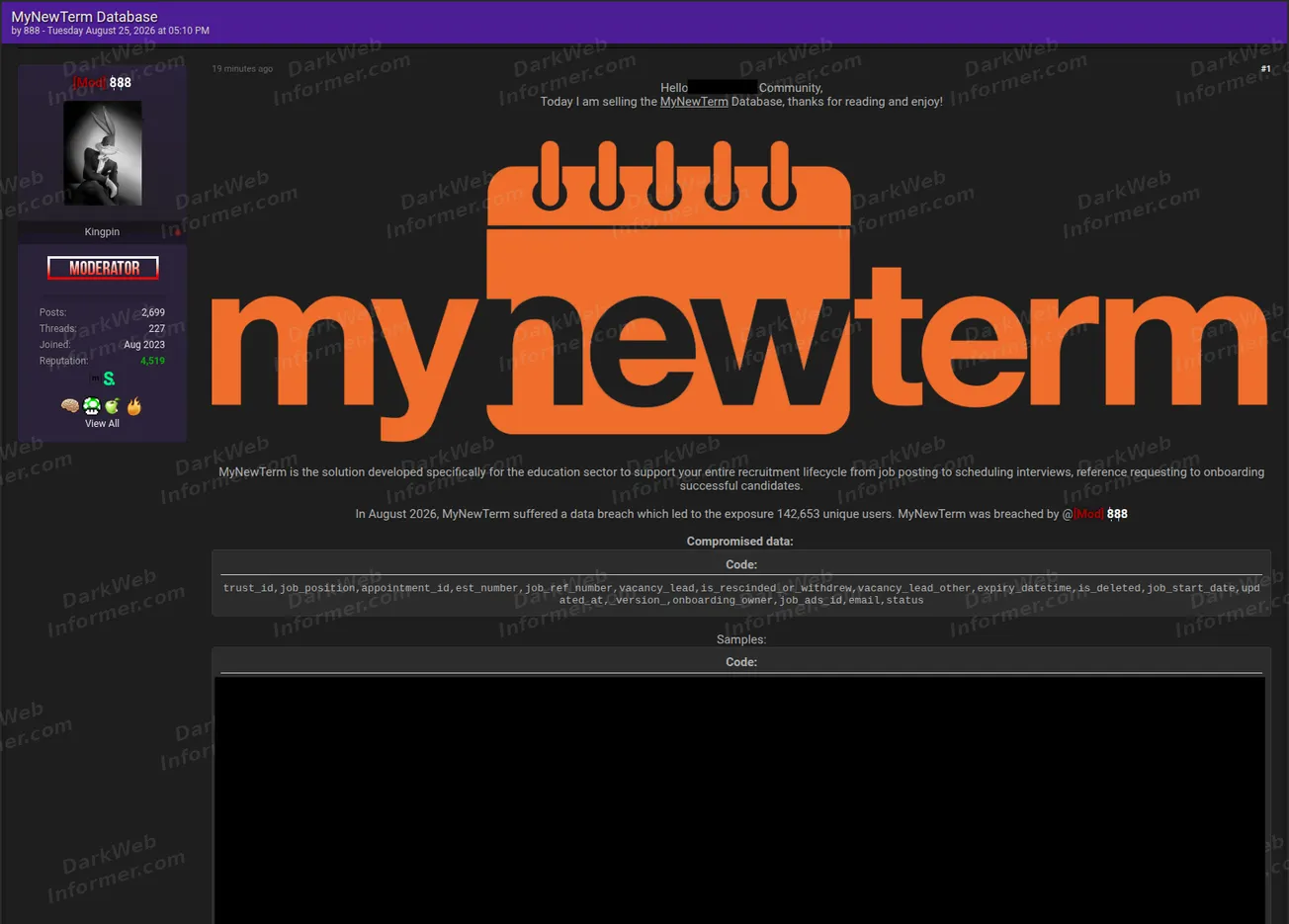 Forum listing selling an alleged MyNewTerm database of 142,653 users, August 2026