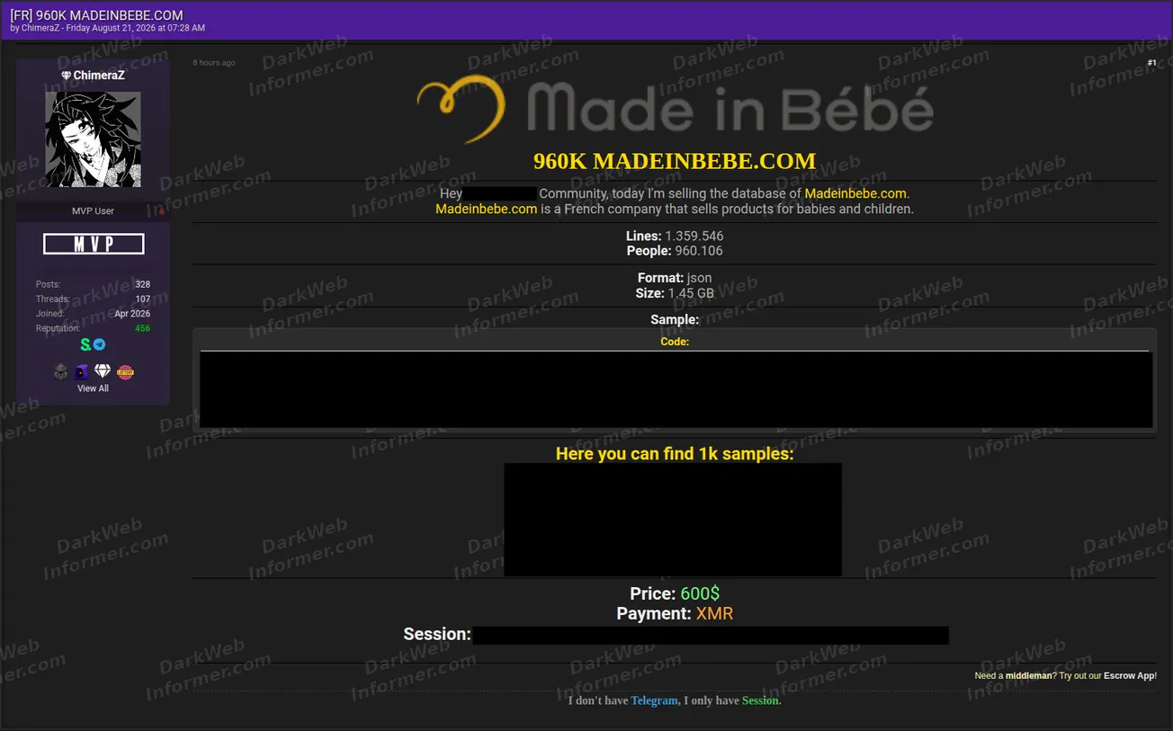 Made in Bebe France baby products customer database sale forum post screenshot, August 2026