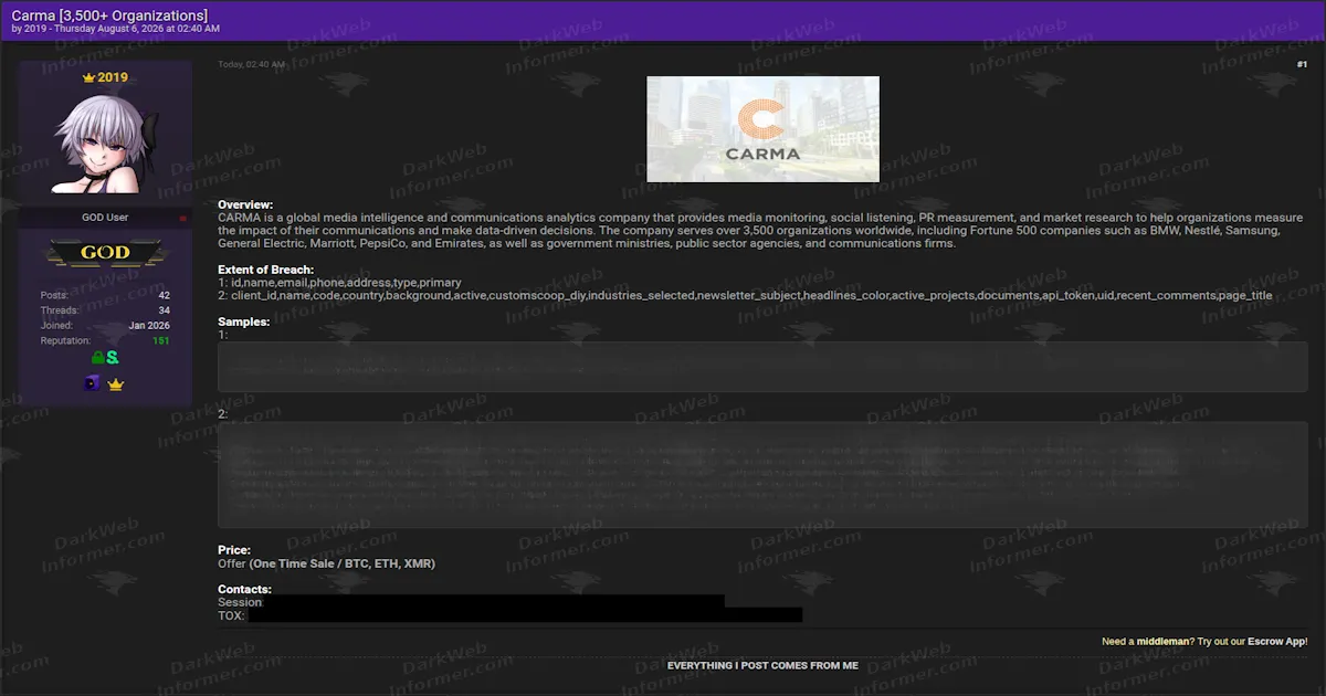 CARMA Client Data Allegedly for Sale, Configurations for 3,500+ Organisations Including Government Bodies
