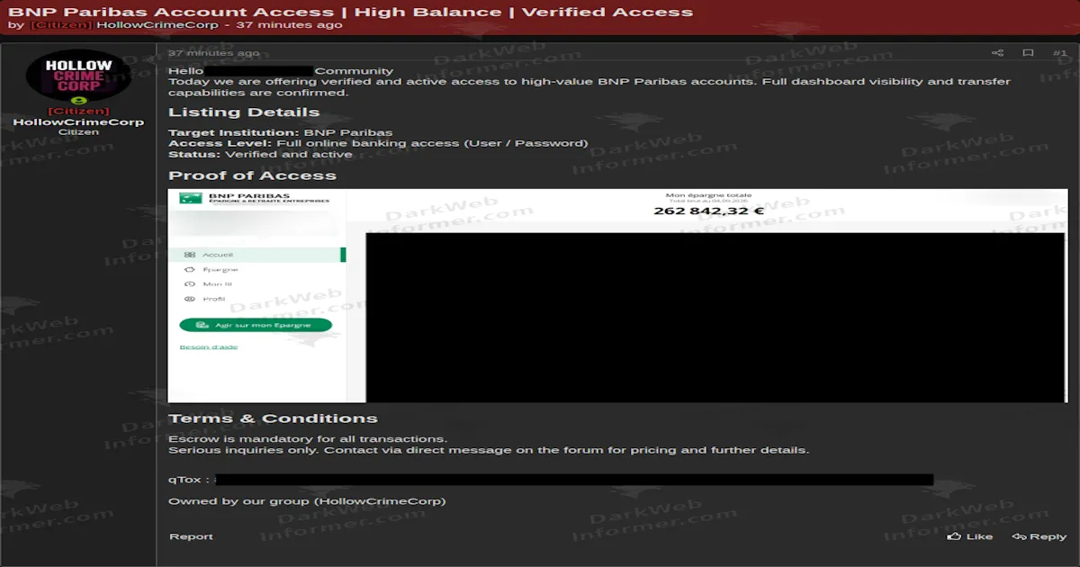 Online Banking Access to a BNP Paribas Savings Account Offered for Sale