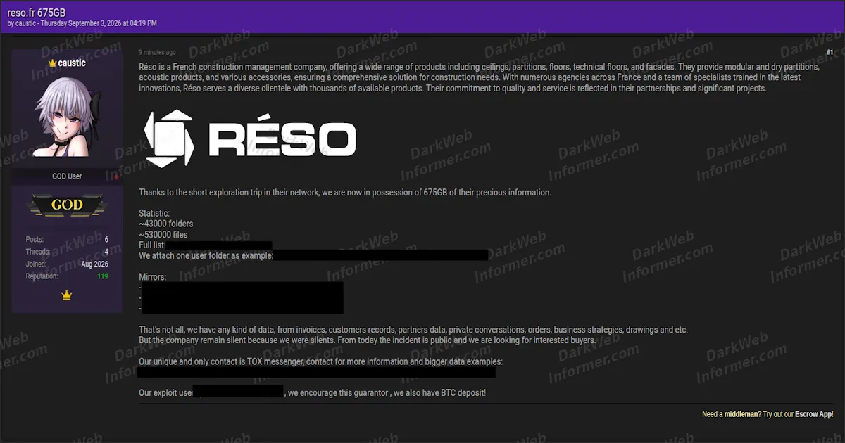 Réso Files Totalling 675 GB Offered for Sale After a Silent Period Ends