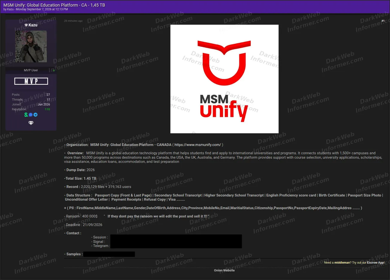 Forum post demanding a ransom over student application documents attributed to a Canadian education platform, September 2026