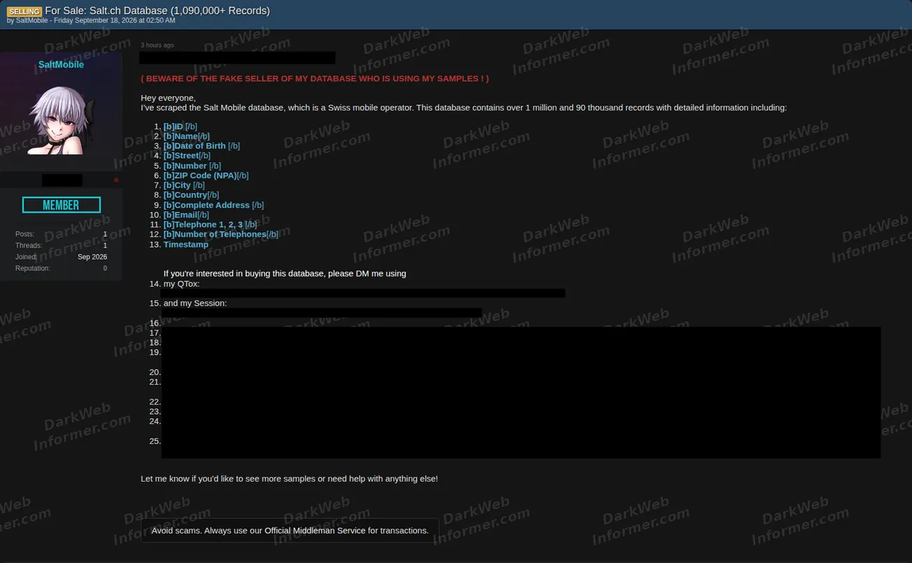 Forum post offering an alleged Salt Mobile customer dataset containing more than 1.09 million records, September 2026