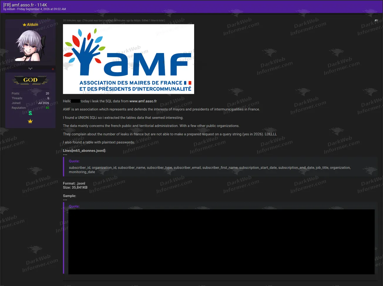 Forum post publishing data attributed to the French association of mayors, September 2026