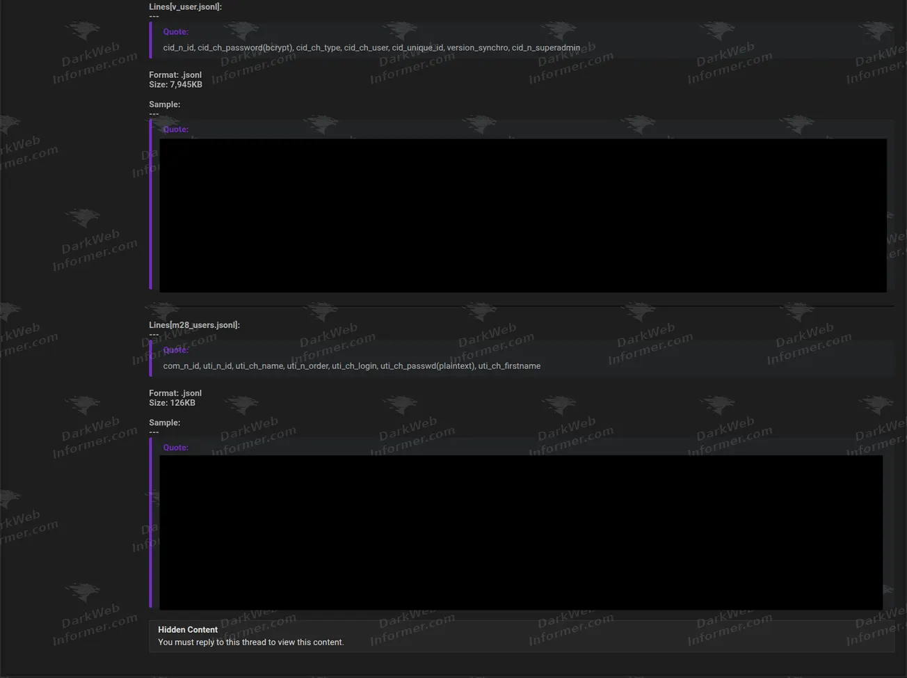 Second section of the same post showing two account tables, shown redacted