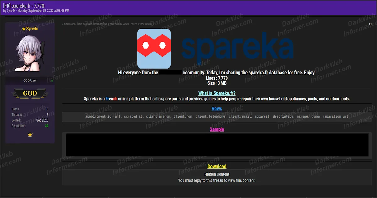 Forum Post Claims 7,770 Lines of Spareka Appointment Data