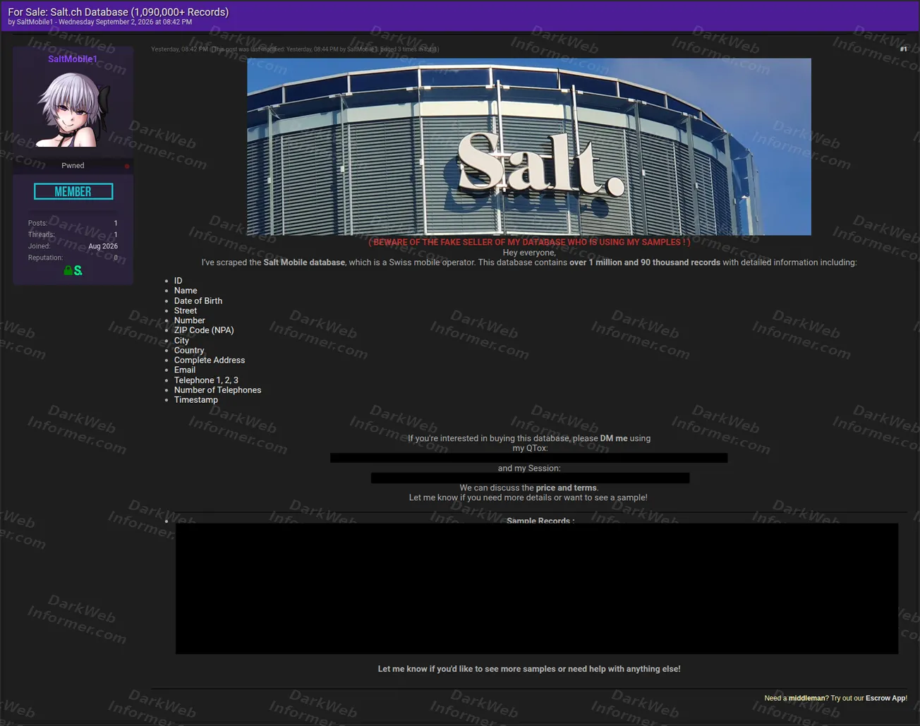 Forum listing selling an alleged Salt Mobile database of over one million Swiss records, September 2026