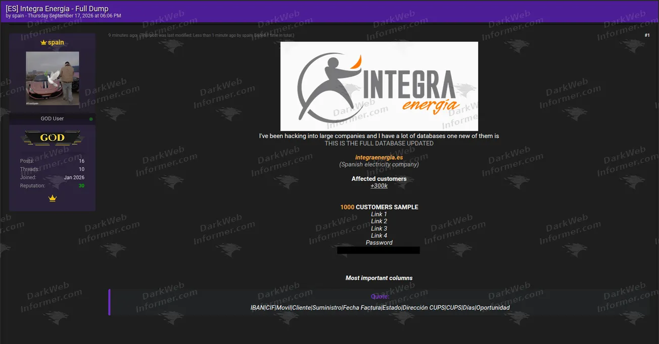 Forum post claiming a full Integra Energía customer database leak affecting more than 300,000 customers, September 2026