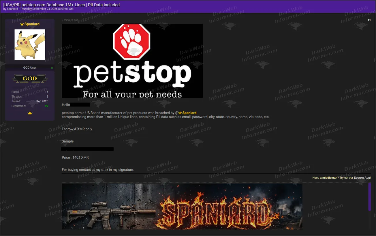 Pet Stop dataset sale claim advertising more than one million lines for $140 in Monero, with the sample-data URL blurred