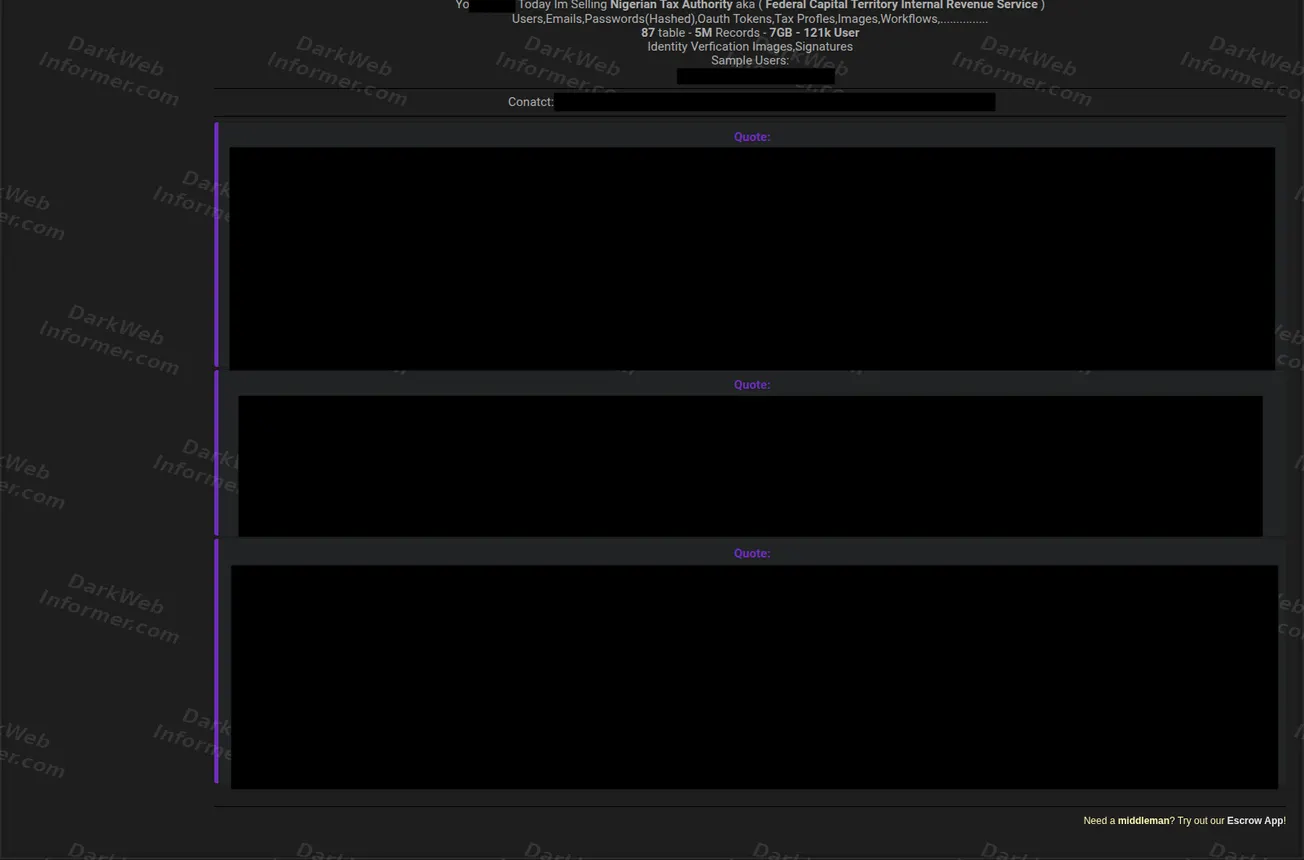 Forum post showing alleged FCT-IRS user, taxpayer, ledger and tax-relief data samples, September 2026