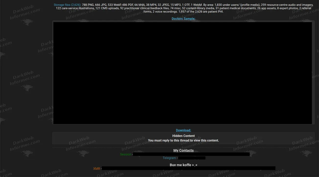 Second section of the same post listing stored files and a clinician sample, shown redacted