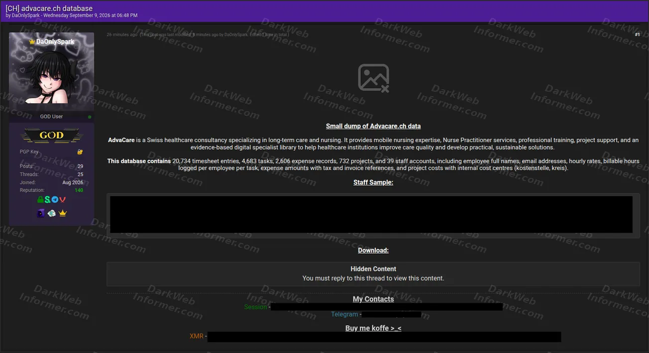 Cybercrime forum post claiming a database dump belonging to Swiss healthcare consultancy AdvaCare, September 2026