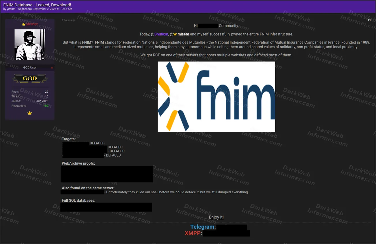 Forum post claiming compromise and defacement of French mutual insurance federation websites, September 2026
