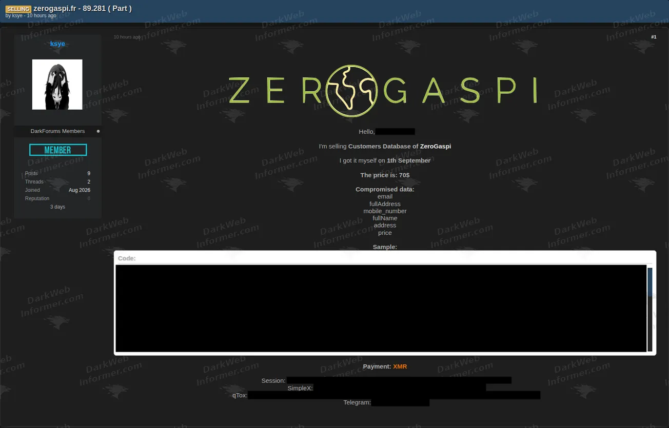 Forum listing selling an alleged ZeroGaspi customer database of 89,281 records, September 2026