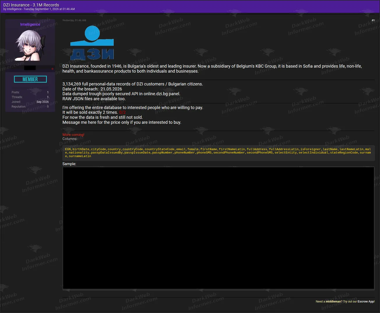 Forum listing selling an alleged DZI Insurance database of over three million Bulgarian records, September 2026