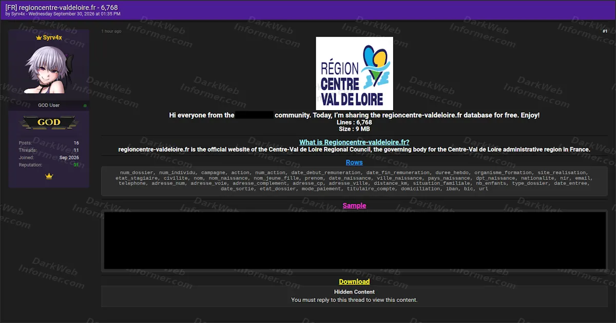 Centre-Val de Loire Regional Council Data Claim Lists 6,768 Records With IBAN and Personal Details