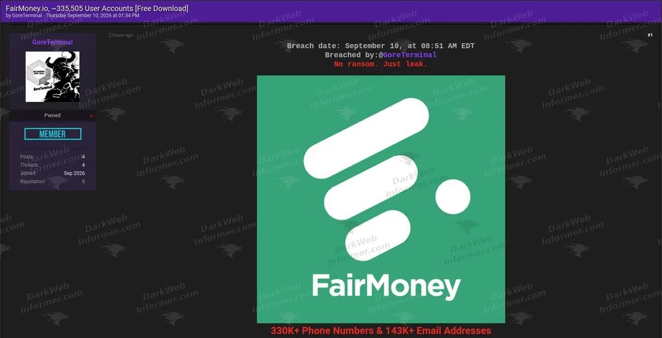 Forum post claiming a FairMoney data breach and advertising approximately 335,505 user accounts, September 2026