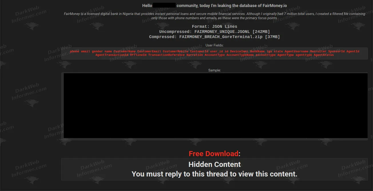 Forum post showing claimed FairMoney user fields, samples and free download listing, September 2026