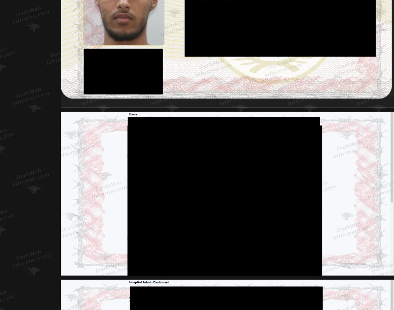 Continuation of an identity card sample and purported hospital user administration screens