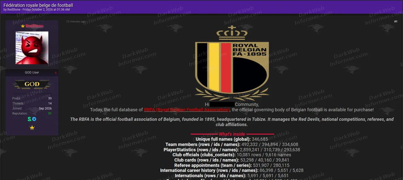 Listing claiming a Royal Belgian Football Association dataset and showing counts for names, team members, player statistics, club officials, club cards, referee appointments and international records