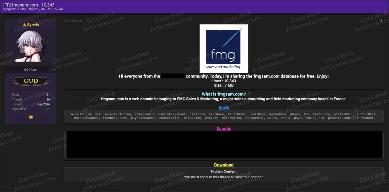 Listing claiming an FMG Sales and Marketing dataset with 10,343 records, a 7 MB size, identity and contact fields, one JSON-style sample and a reply-gated download