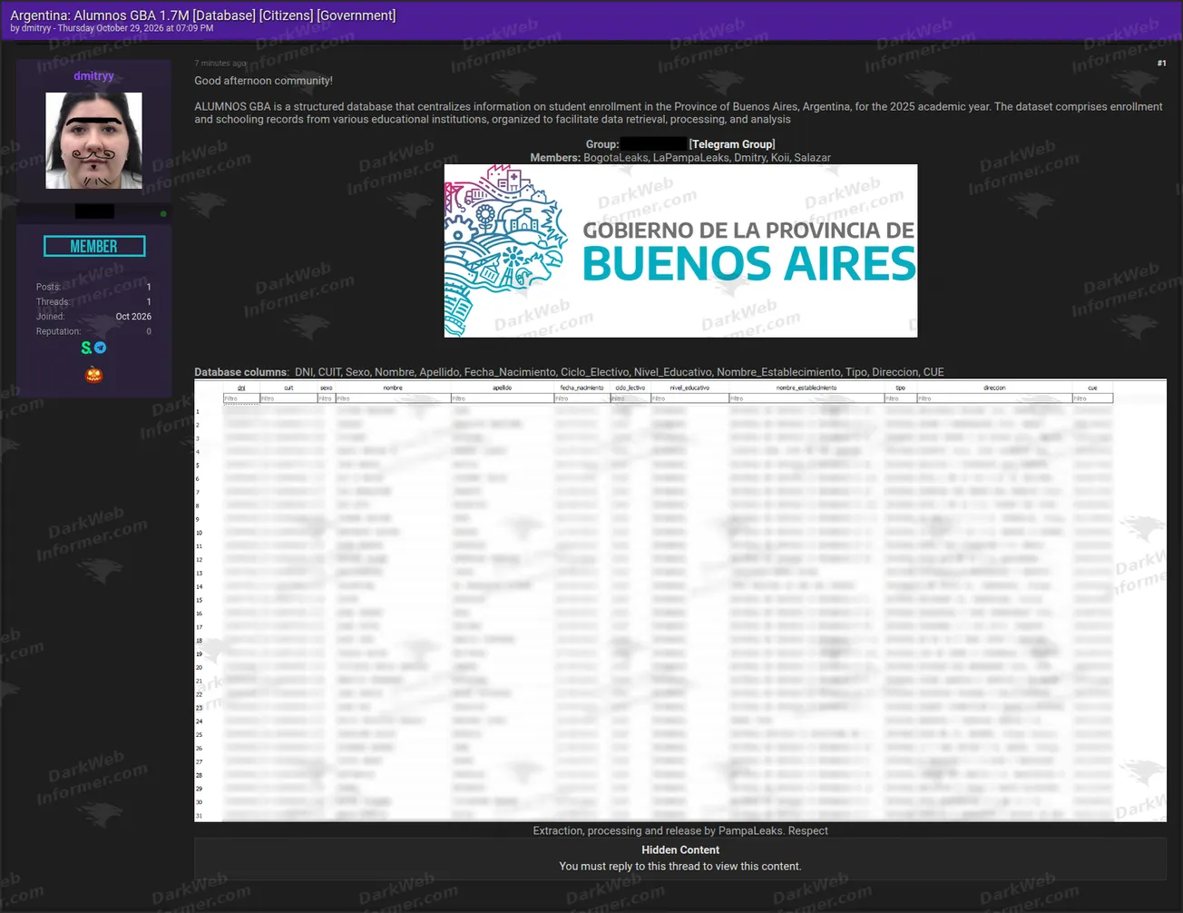 Listing claiming a Buenos Aires student enrollment database containing approximately 1.7 million records with identity and school information