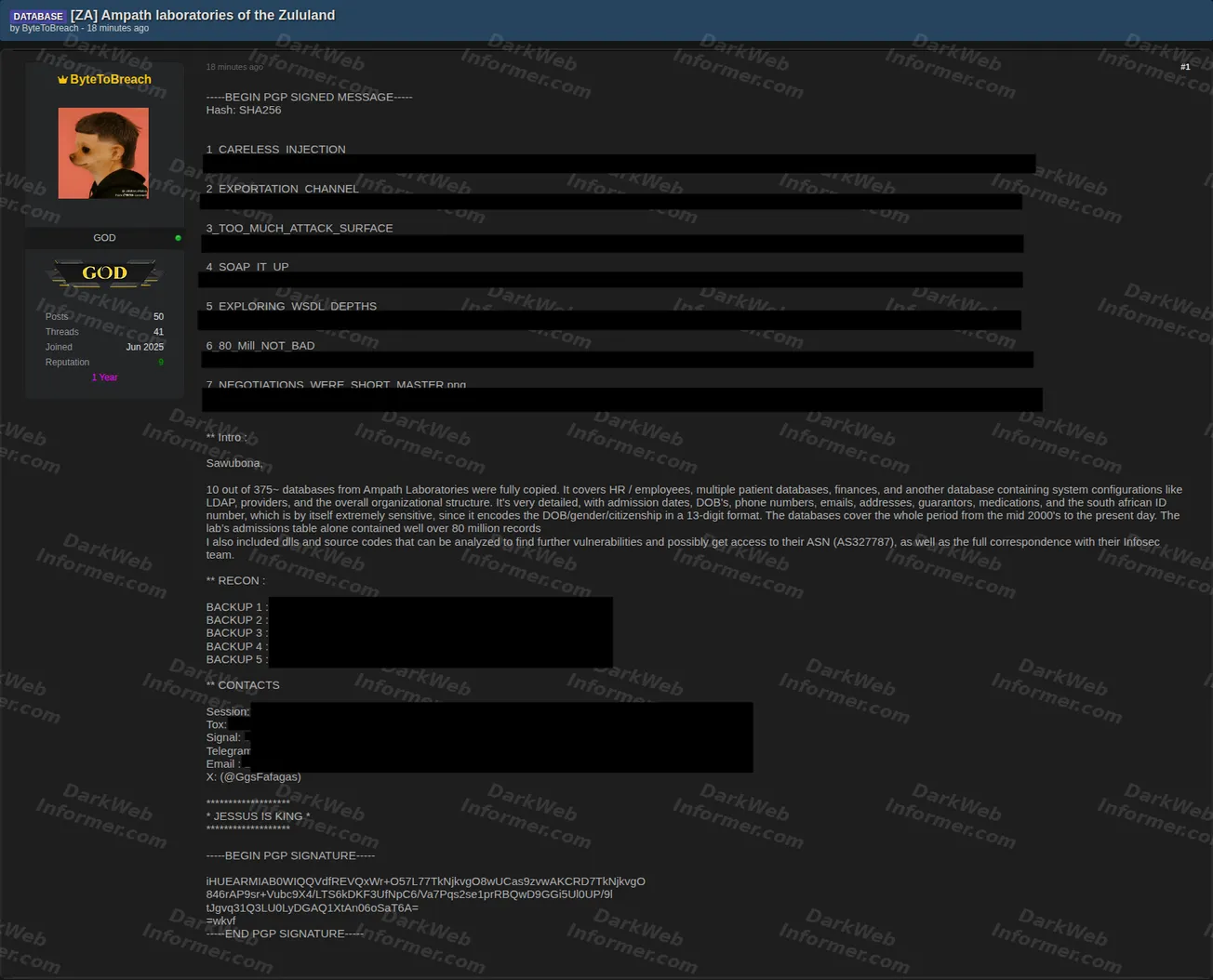 Post claiming a breach of Ampath Laboratories involving copied patient, employee, finance and system databases, plus source code, backup links and actor contact identifiers