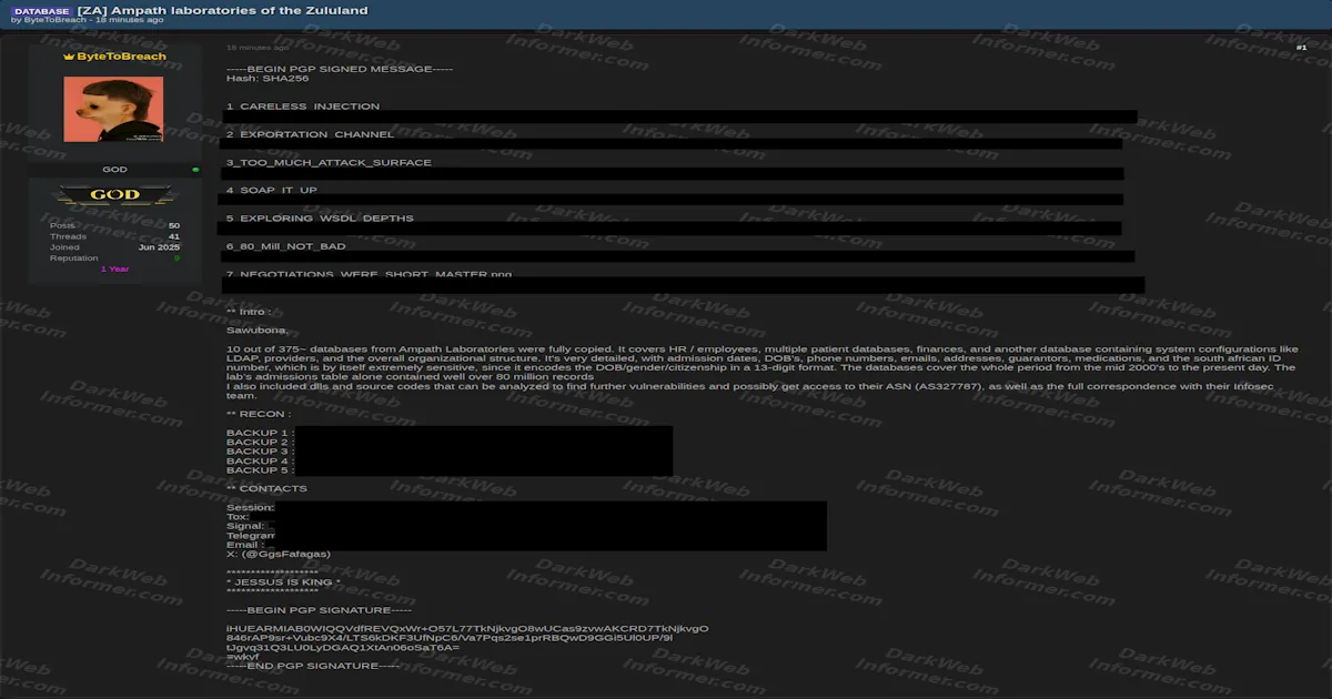 Ampath Laboratories Data Breach Claim Says 10 Databases Copied, Including 80M+ Admission Records