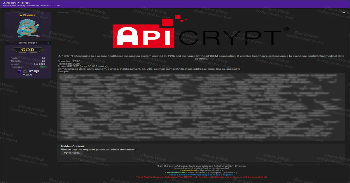 APICRYPT Dataset Leak Claim Lists 852,757 Records Across 60,911 Healthcare Users