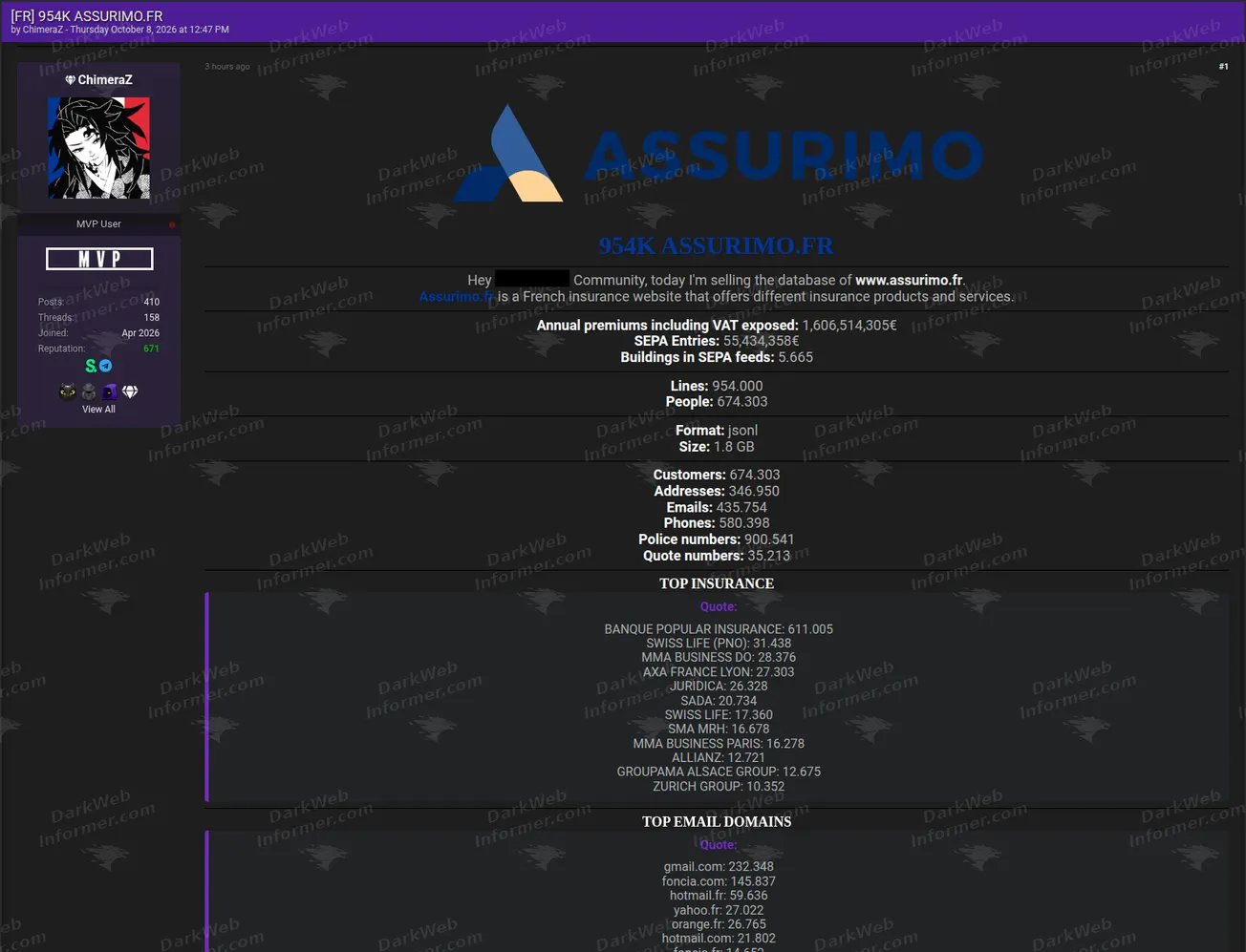 Listing claiming an Assurimo insurance dataset with 954,000 lines, 674,303 people, customer contact information, policy numbers, quote numbers and insurer statistics