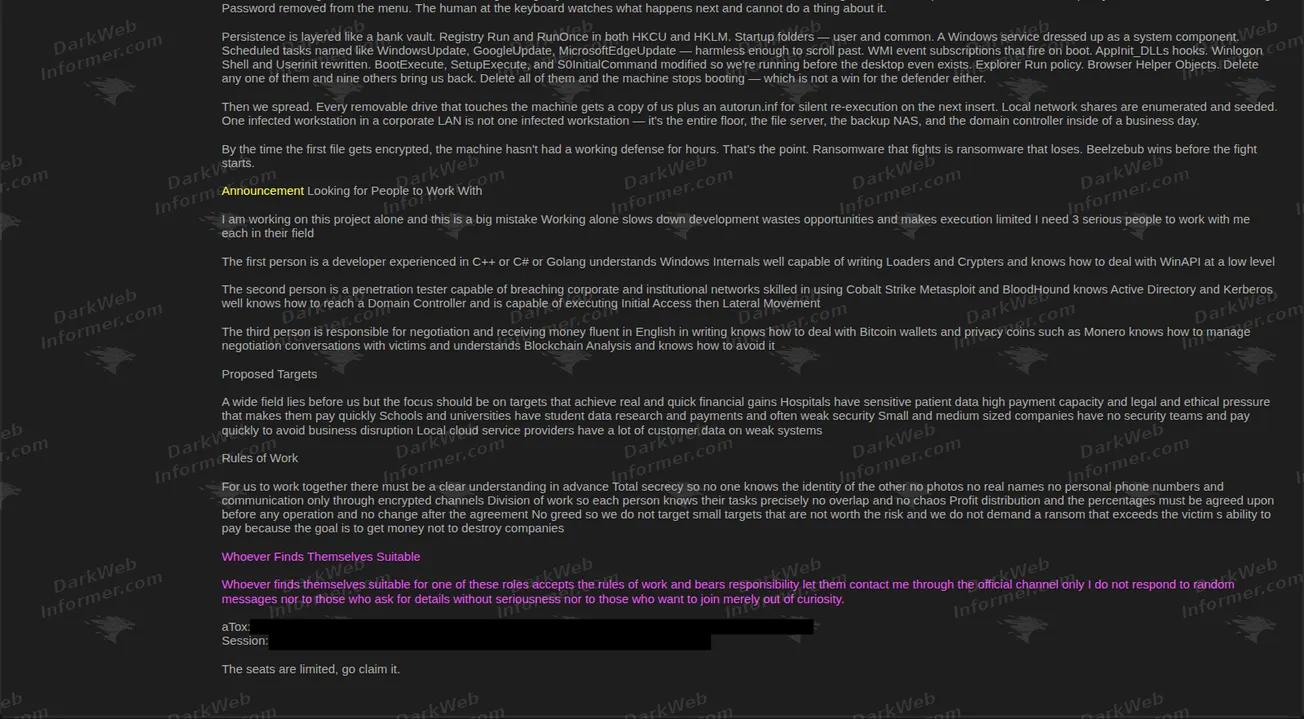 Continuation of a Beelzebub ransomware recruitment post describing persistence, propagation, recruitment roles, proposed target categories and Tox and Session contacts