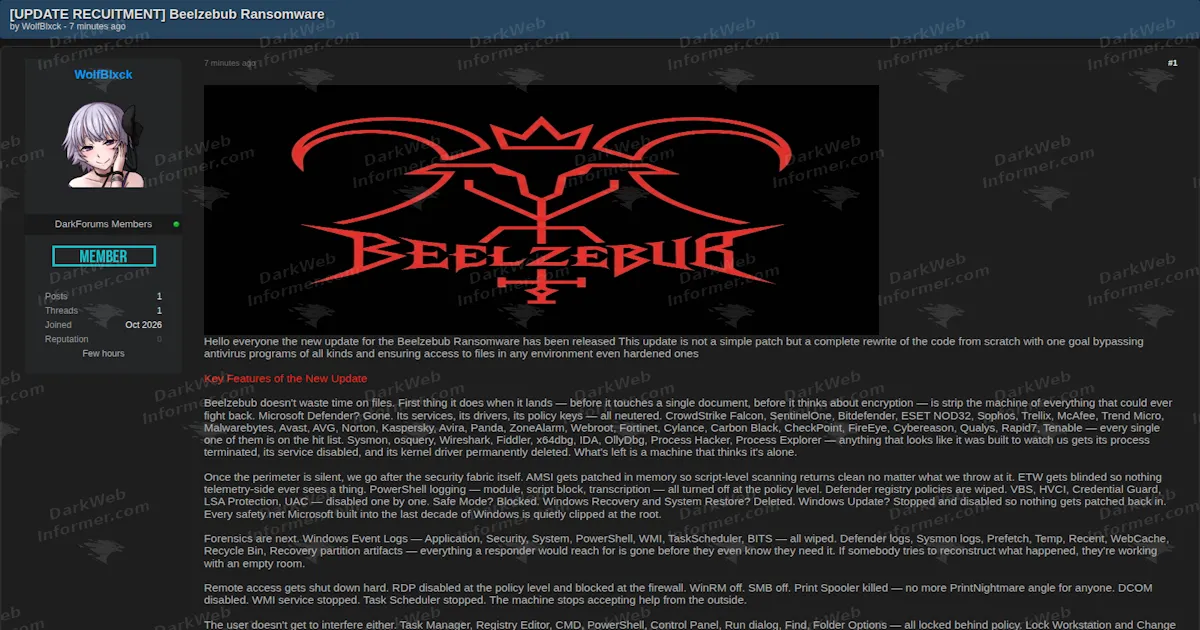 Beelzebub Ransomware Announces Major Rewrite and Recruitment Push for New Operators