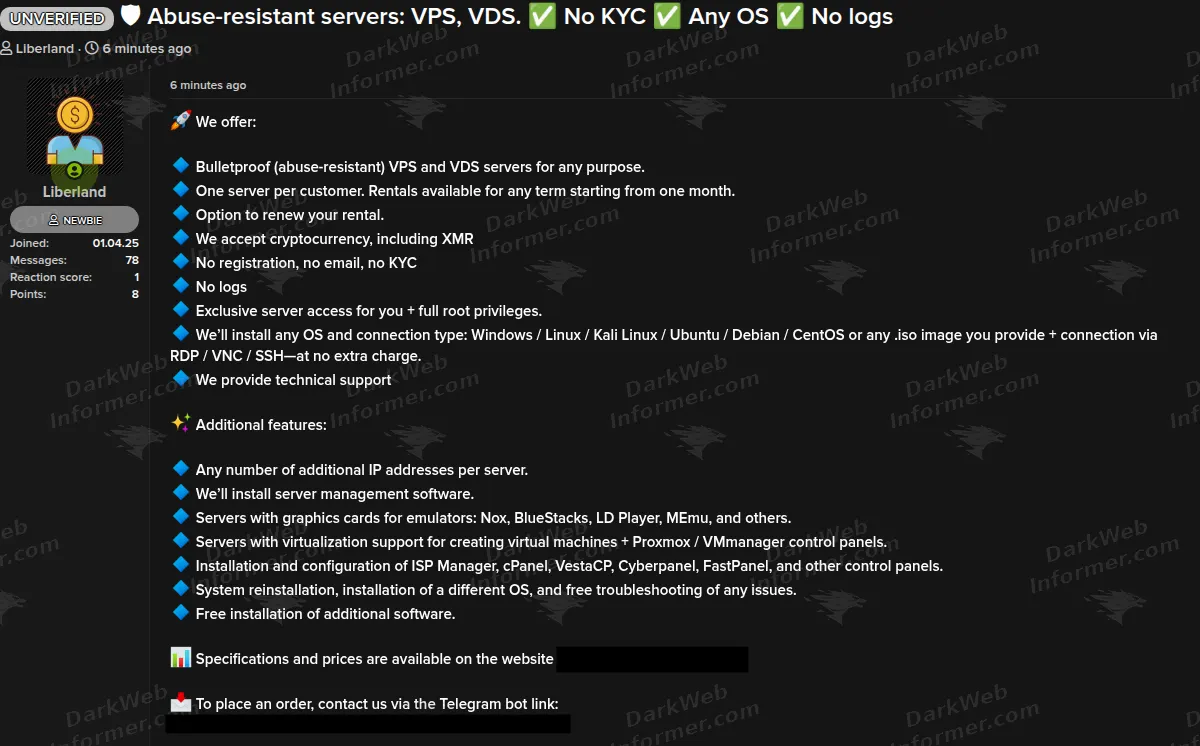Advertisement for Libre abuse-resistant VPS and VDS hosting claiming no KYC, no logs, cryptocurrency payments, root access and multiple operating-system options