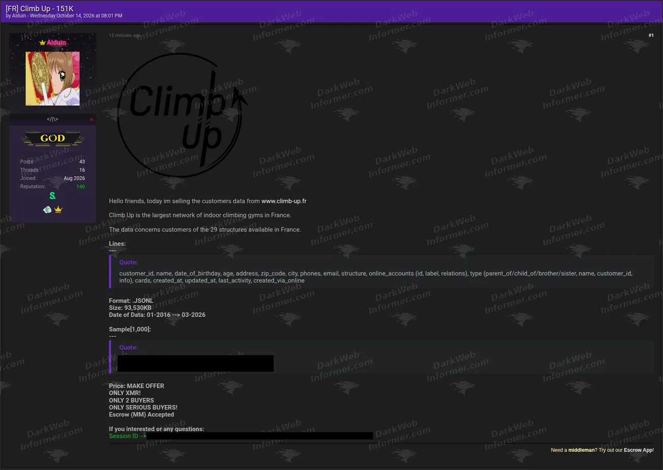 Listing claiming a Climb Up customer dataset with approximately 151,000 records, customer identity and contact fields, a 1,000-record sample, XMR payment terms and a Session contact identifier