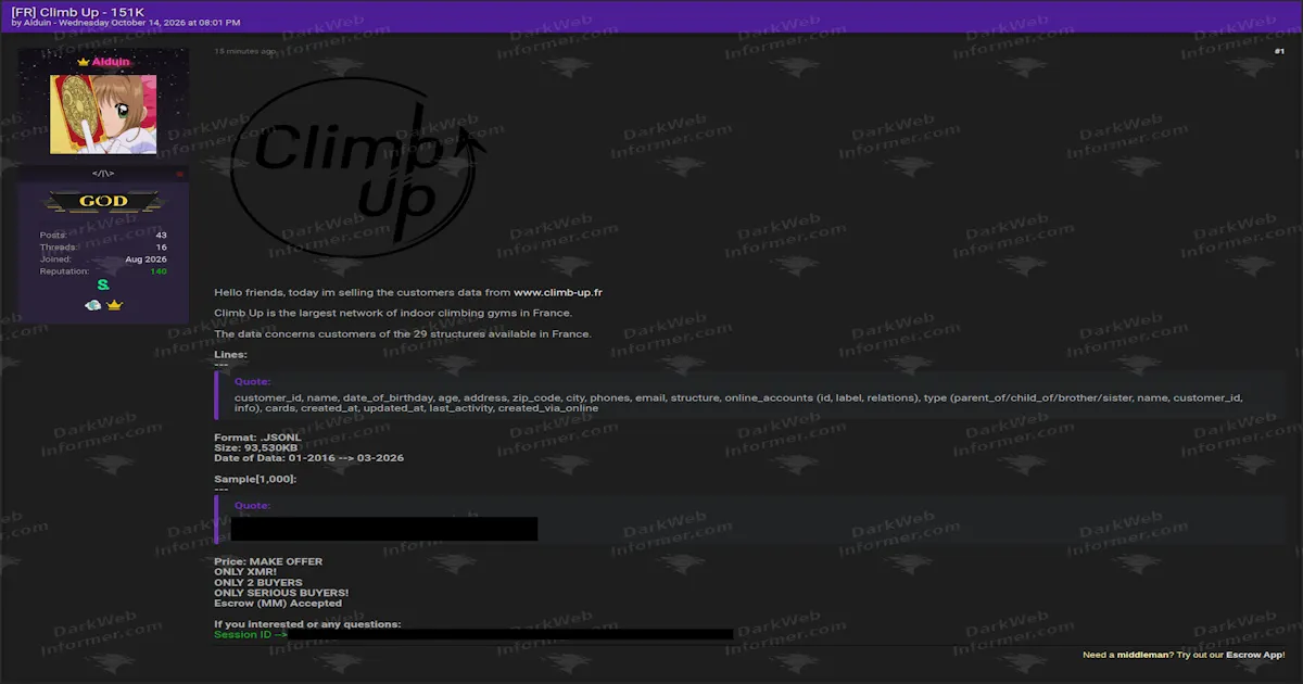 Climb Up Customer Dataset Offered for Sale With 151,000 Records Across 29 French Gyms