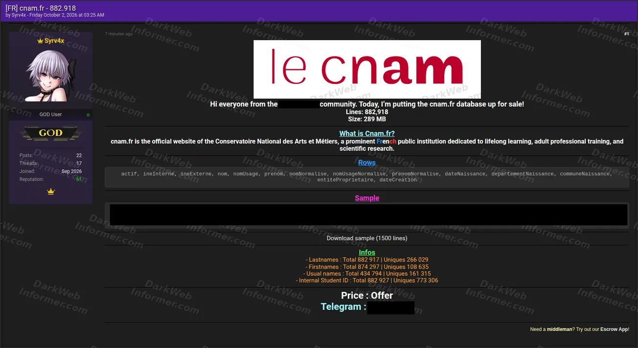 Listing claiming a CNAM dataset with 882,918 records, a 289 MB size, identity and birth-related fields, a sample and sale terms