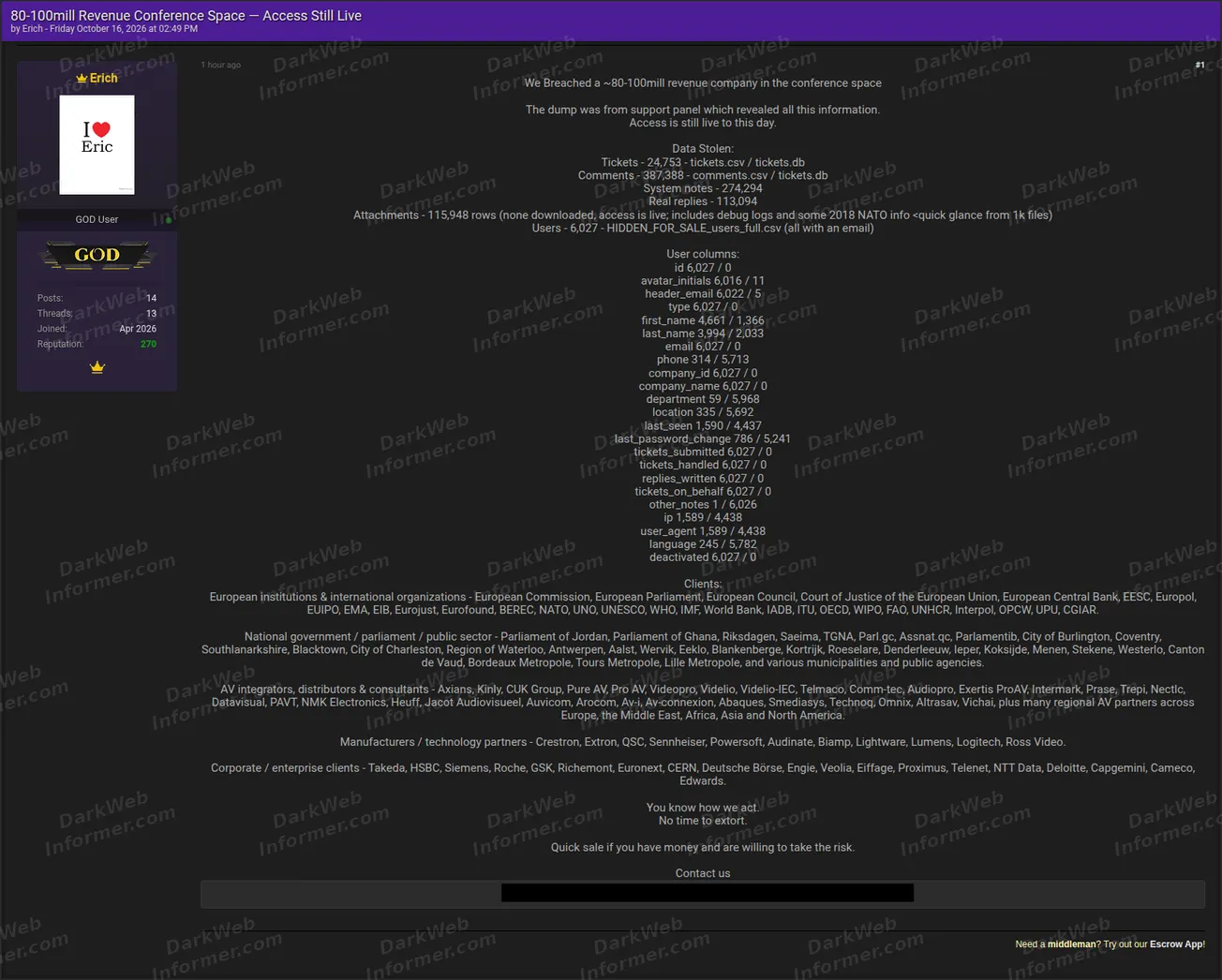 Post claiming a live breach of an unnamed conference-space company, including support tickets, comments, users, attachments and client-category information