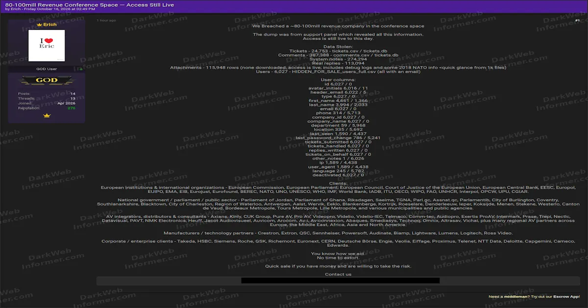 Conference-Space Company Breach Claim Says Access Remains Live With 6,027 Users and 115,948 Attachments