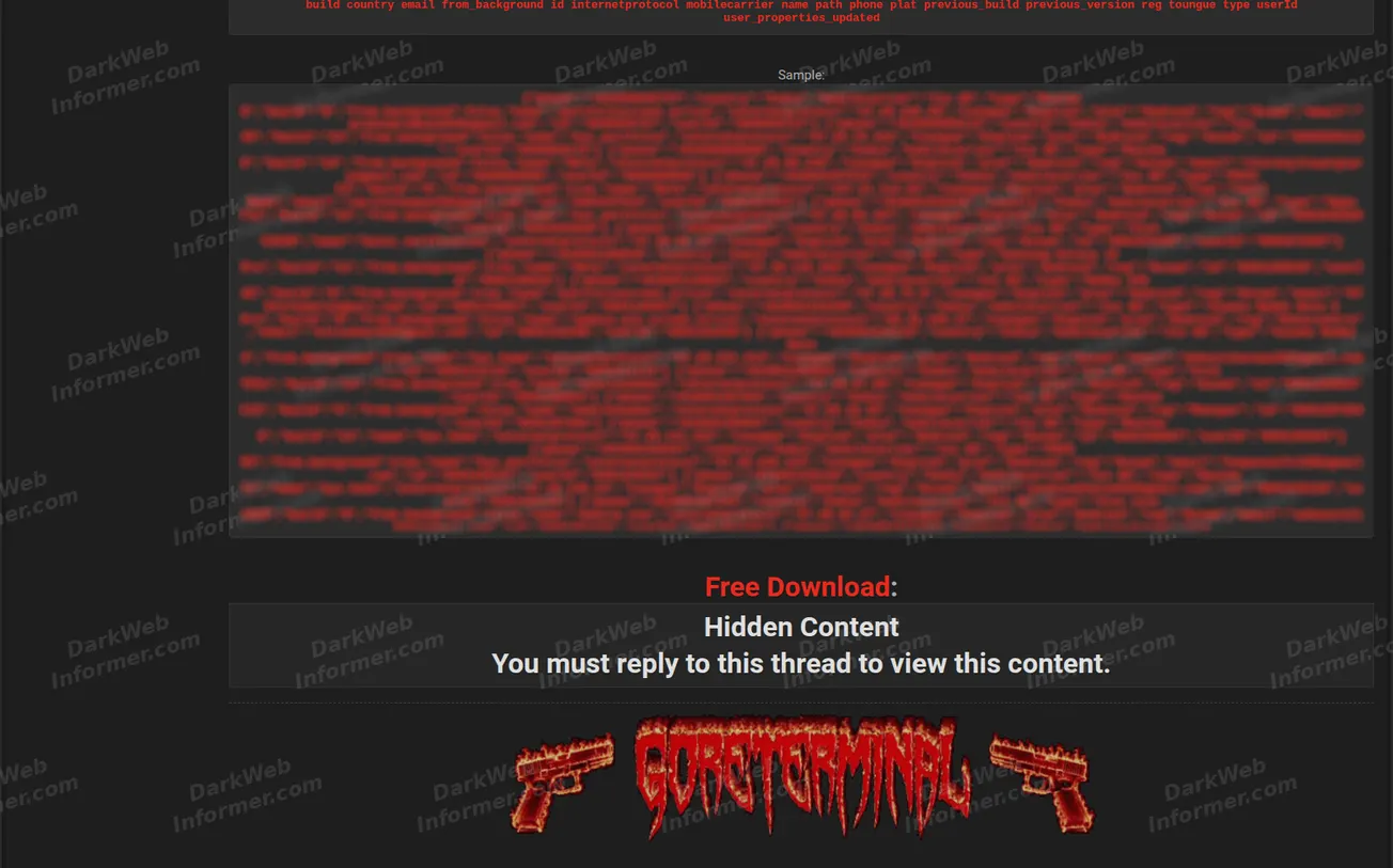 Continuation of the Defy Club leak listing showing sample JSON Lines records and a free-download section