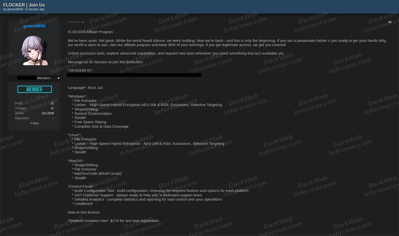 Post advertising the FLOCKER ransomware affiliate program, including revenue share, cross-platform capabilities, control-panel features, invitation fee and Session contact
