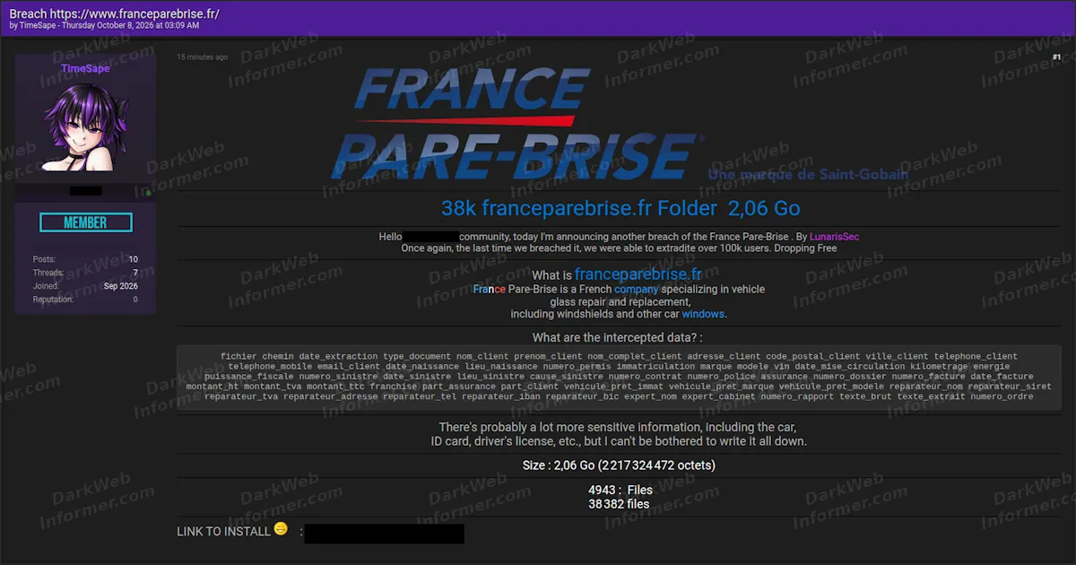 France Pare-Brise Data Breach Claim Includes 38,382 Files With Customer, Vehicle and Banking Information