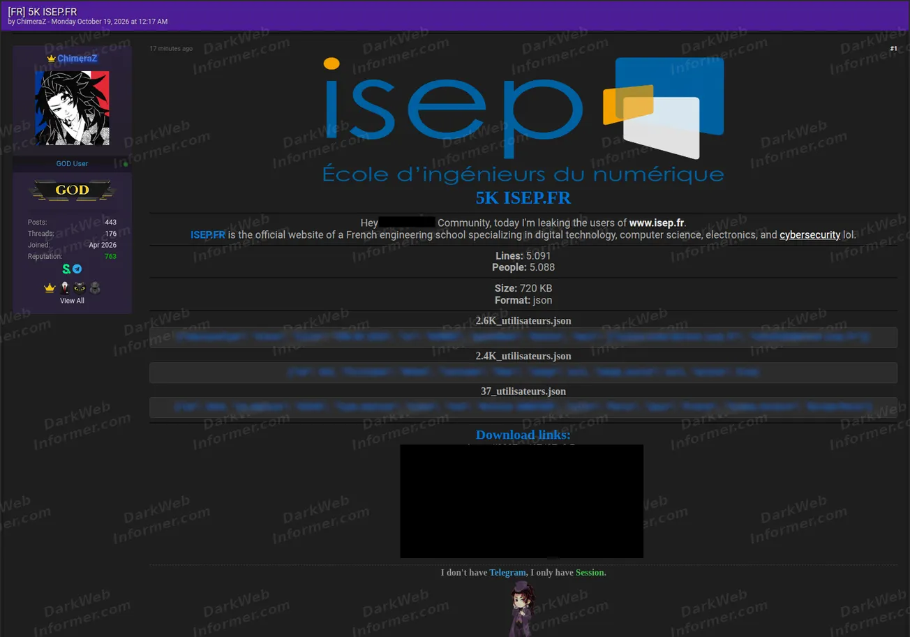 Listing claiming an ISEP France user database leak with 5,091 JSON records across 5,088 people, sample records and multiple download mirrors