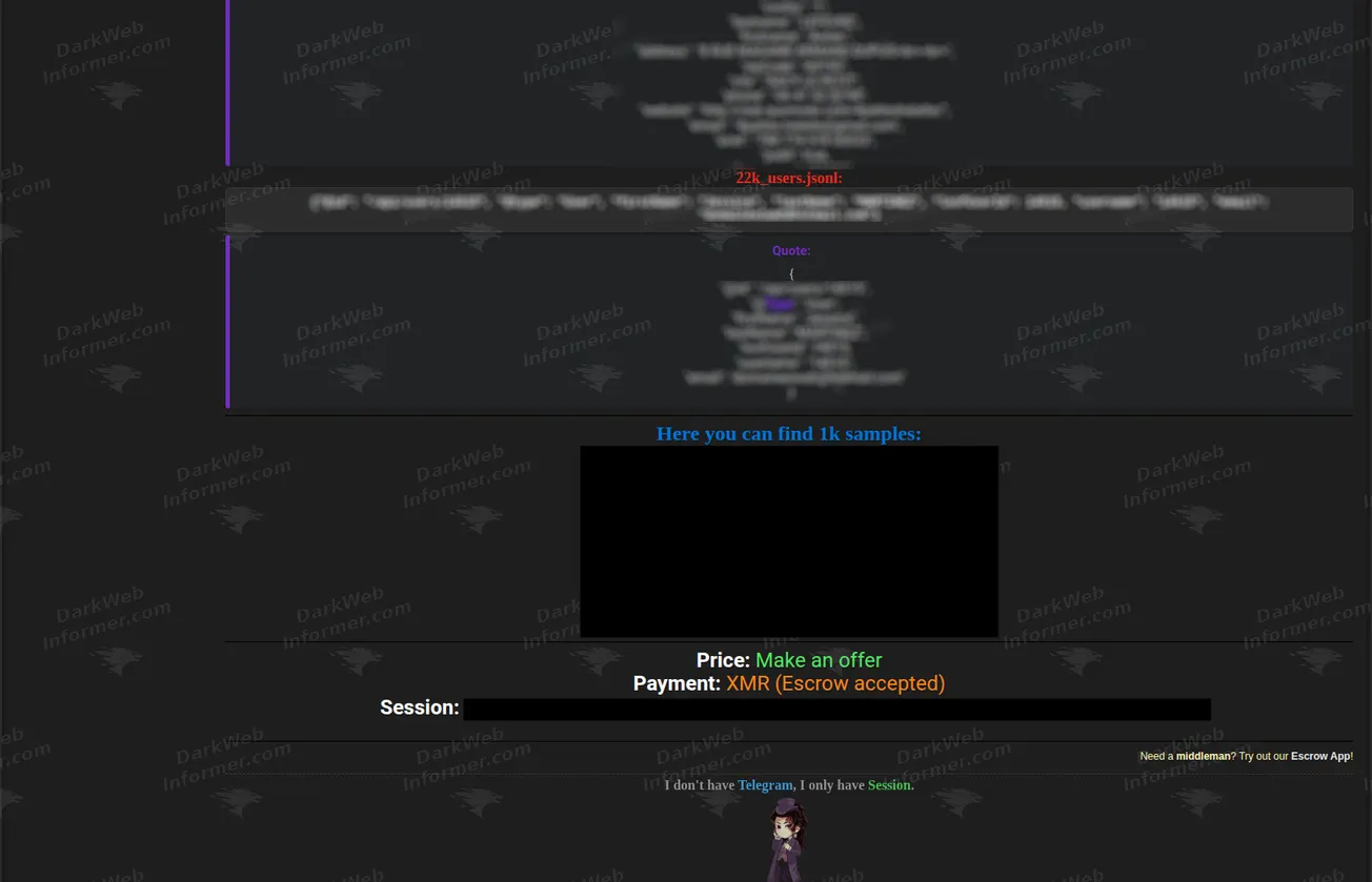 Continuation of the LOOF listing showing user records, sample mirrors, sale terms and a Session contact identifier