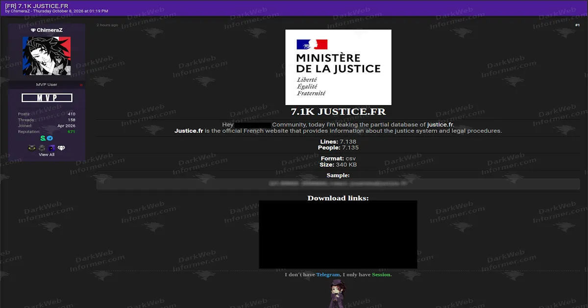 French Ministry of Justice Partial Database Leak Claim Lists 7,135 People