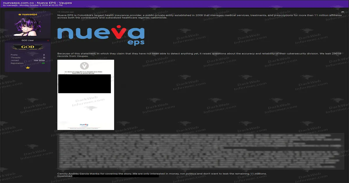 Nueva EPS Data Leak Claim Exposes 29,018 Vaupés Records With Personal and Health Information