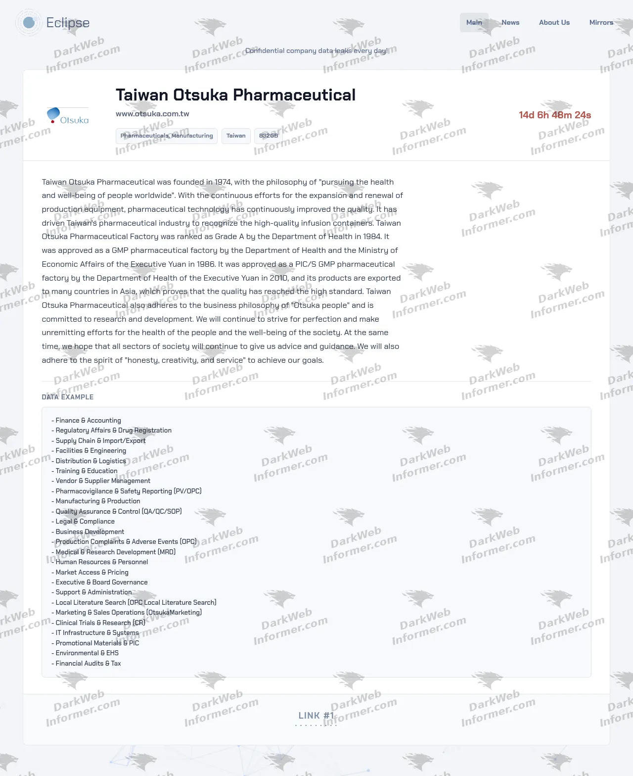 Eclipse leak-site listing for Taiwan Otsuka Pharmaceutical claiming 832 GB of internal company data across numerous business functions