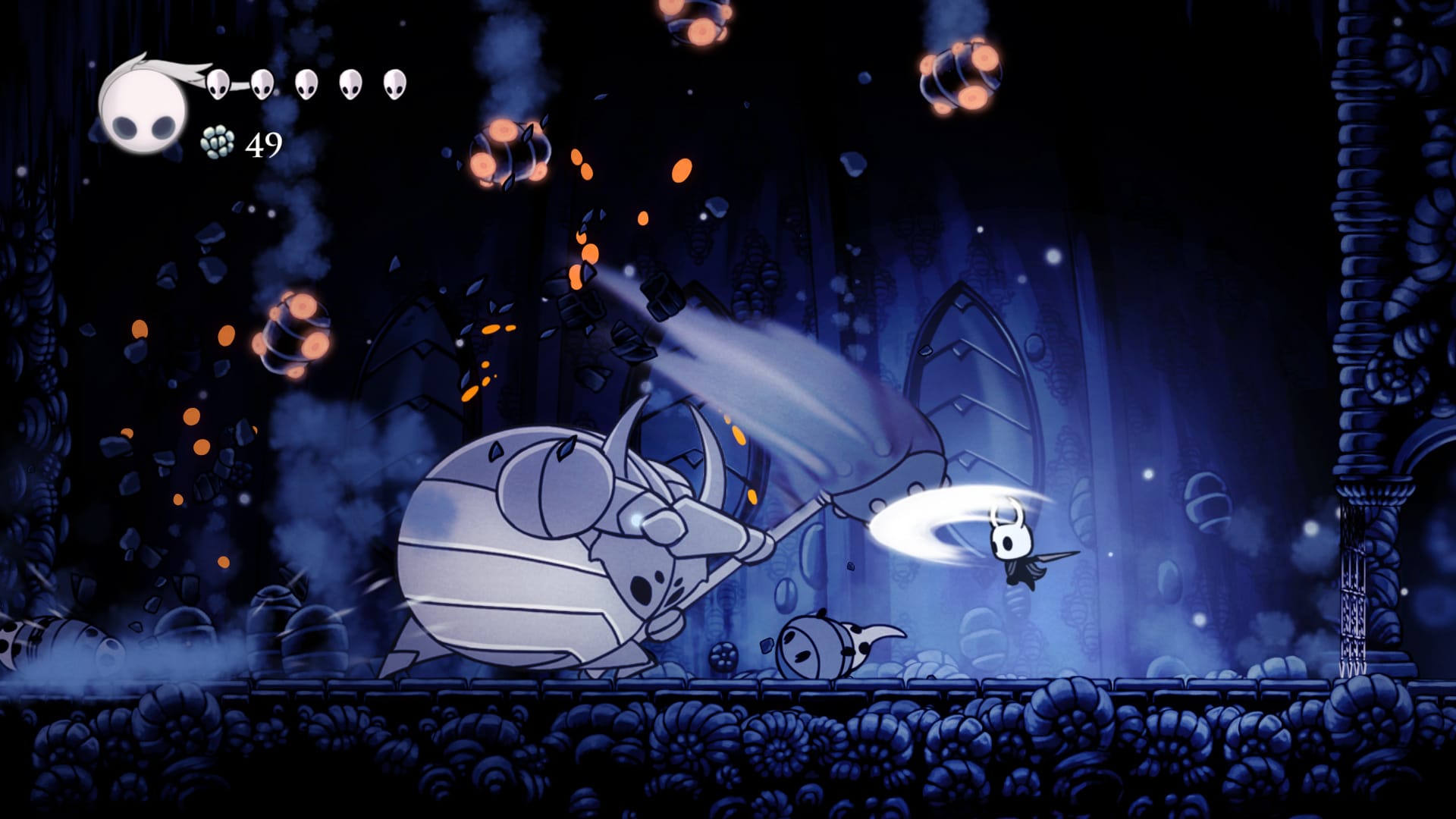 The tiny bug swipes its sword at a much larger creature, wearing heavier armor, which swings downward with a huge weapon.
